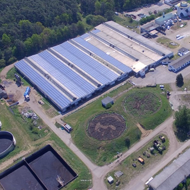 Luftaufnahme von Solarmodulen liegend auf einem Industrieflachdach.